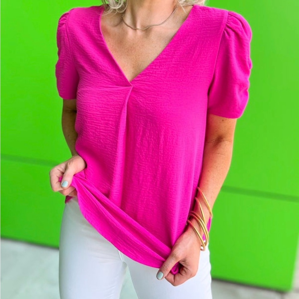 JODIFL Hot Pink V Neck Ruched Puff Sleeve Blouse Size M Boutique